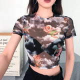 Fongt Women's Cheruel Print Gauze Short Long Sleeve T-Shirt Top Four-Leaf Clover Print