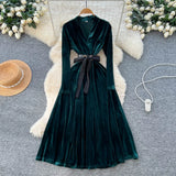 Fongt Light Luxury Famous Woman High-End Sense V Collar Long Sleeve Strap To Close The Waist Velvet Dress Women Autumn And Winter Lanky Dress