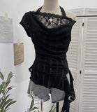 Fongt Shooting Lace Splicing Collar Hanging Neck-Sleet T-Shirt Woman Xia Repair Short Irregular Drifting Clothes 9580