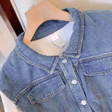 Autumn Casual Denim Patchwork Shirt Women's Clothing Commute Turn-down Collar Stylish Sashes Basic Single-breasted Blouse-Outfit