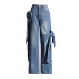 Vintage Old Leisure Trousers 2025 New Niche Splicing Bow Design High-Waist Straight Jeans Female