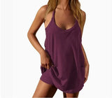 Fongt Summer Solid Sleeveless Dress Fine Shoulder Strap Vest Skirt Sports Skirt Pocket
