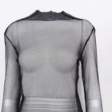 Fongt Women's Wear Spring / Summer 2024 New Top Solid Color Round Collar Long Sleeve Mesh Perspective Bottom T-Shirt-Outfit