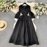 Fongt Court Dress Female Design Tuxedo V Collar Long Three House Press Folding Horn Sleeve Dress Woman