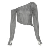 Fongt 2023 New Women's Solid Color Fashion Diagonal Shoulder Sexy Perspective Slim Wooden Ear Long Sleeve T-Shirt-Outfit