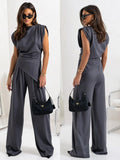 Fongt Faitry Face Solid-Colored Collared Folded Fork Vest Top Broad Leg Trousers Set Summer