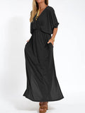 Fongt Summer 2025 Fashion Solid Color High Waist Open Fork Short Sleeve Dress