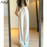 Summer Korean Style Basic Trousers Drawstring Wide Leg Pants for Women Casual Cool Gray White Pants Female
