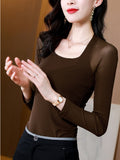 Women Sheer Mesh Blouse Square Collar Slim See-Through Mesh Long Sleeve Top Elegant Blouses Skinny Club shirts-Outfit