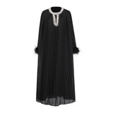Fongt Elegant Dress Women's Autumn 2025 New Heavy Industry Diamond-Strowing Round Collar Loose Hair Splicing 100-Folded Long Dress