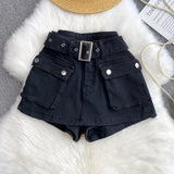 Fongt Babes Work Style Skirts Women High-Rise Thins Retro Old Denim Shorts Wide Leg Trousers