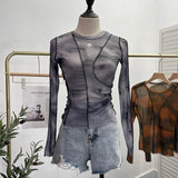 Fongt Sun Dyed Elastic Mesh Yarn T-Shirt Stacked With Long-Sleeved Top Press Line T-Shirt 8980