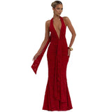 Fongt New Women's Sexy Deep V-Low Backpack Skirt With Folded Fishtail Dress