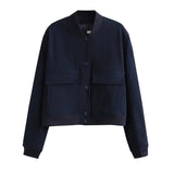 Fongt New Women's Fashion French Big Pocket Short Autumn Bomber Jacket Jacket