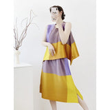 Fongt Wear Three Houses Folded 2025 Sleeveless Splicing Ribbon Loose Top High Waist Folded Skirt Rainbow