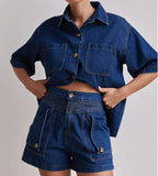 Fongt Summer Women's Casual Retro Loose Shirt Denim Shorts Set Denim