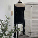 Fongt Dark Waste Soil Wind Makes The Old Hole Hanging Shoulder Hanging With Long Sleeves Irregularly Open Fork T-Shirt Skirt 9295