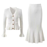 Fongt V-Neck Loaf Side Long Sleeve Open Shirt Bag Hip Fishtail Long Dress Elastic Knitted Two-Piece Suit Woman