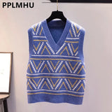 Jacquard Sweater Vests Tops Women Casual Print Knitted Sleeveless Pullover Korean Fall Winter 2023 Knitwear