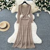 Fongt Slebock Crochet Dress Women's Waist Show Thin Sleeve Skirt Inside The Bottom Sling Skirt Two Sets