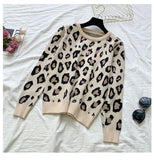 Women's Long Sleeve Knit Leopard Pullover Sweaters+Elastic Waist Pants Sets Fashion Trousers Two Pieces Costumes