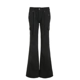 Tie With Hot Girls Multi-Pocket Design Fashion Jeans 2024 Casual Solid Color Button Flared Trousers-Outfit
