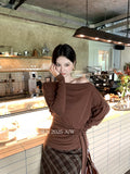 Fongt Xixi 2025 Autumn New White Standard Temperament Slant Shoulder Solid Color Knit Shirt Long-Sleeved Top Sweater 89538