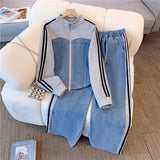 Fongt Zippered Cowboy Splicing Two Sets Of Spring And Autumn 2025 New Cowboy Splicing Long Sleeve Tops Wide Leg Trousers