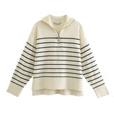 And Winter New Fashionable Long-Sleeved Striped Hem Split Sweater 5536025 Casual Top Girl-Outfit