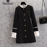 Dress Office Ladies Elegant Ruffled Collar Bow Flare Sleeve Patchwork Single Breasted Female Black