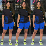 Summer New PINK Letter Print Short Sleeves Tshirt + Biker Shorts Sets Casual Two Piece Women Fashion Outfit