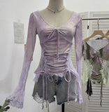 Fongt Lace Splicing Long-Sleeved T-Shirt Women's Bow Strap Hollow Irregular Blouse 6179