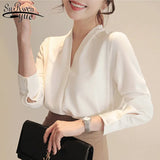 Spring V-neck Womens Tops Long Sleeve Chiffon Blouse Summer New White Female Korean Tops Wild Loose Office Lady