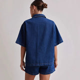 Fongt Summer Women's Casual Retro Loose Shirt Denim Shorts Set Denim