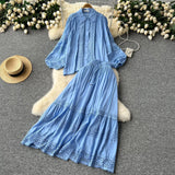 Fongt Suit Female Senior Sleeve Lace Splicing Lantern Long-Sleeved Shirt + High Waist Slim Swing Skirt