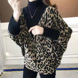 Clothing Batwing Sleeve Leopard Knitted Sweaters Half High Collar Fake Two Pieces Autumn Winter Standard Spliced Jumpers-Outfit