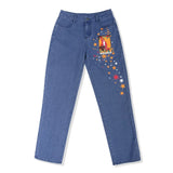 Pink Women‘s Jeans Pants Mid-waist Sun Star Pattern Young Girl Denim Trousers Summer Autumn Female Cute Jeans