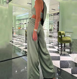Fongt Women's Temperament Elegant Hanging Neck Diagonal Shoulder Chest Sexy Crop Wide Leg Pants
