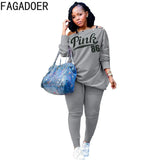 Off Shoulder Button Design Two Piece Sets Women PINK Letter Print Top+Stacked Pants Tracksuits Spring Casual Outfit
