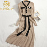 Elegant Knitted Long Dress Female Evening Party V-neck Autumn Winter Office Lady Trend New Sexy Sweater Dresses