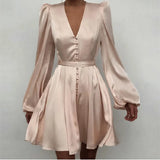 Women vintage lantern sleeve mini dress A-line pink blue khaki stain single breasted 2021 new fashion party