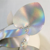 Holographic Mask PU Faux Leather Adjustable Belt Rivet Hollow Out Patchwork Masks With Two Ears Rave Festival Chic