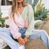Criss Cross Women's Sweater Sweet Loose Color Matching Batwing Sleeve Lace Up Sweaters Autumn Fashion Lady