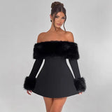 Fongt Autumn And Winter New Women's Fashion Temperament Sexy Hair Collar Shoulder Repair A-Word Dress