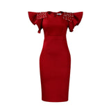 Fongt Women's Clothing 2025 New Round-Neck Lotus Leaf Sleeves Open Nail Beads OL Dress Dress Dress Dress