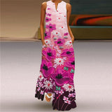 Printed Sleeveless Maxi Dress Women Casual V-neck Robe Dresses Female Plus Size Beach Holiday