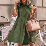 Women Summer Ruffled Casual Dress Loose O-Neck Sleeveless Solid Color Stitching Pullover Dress 2021 New Retro Mini