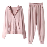Fongt Female Spring And Autumn Thin 2023 New Zipper Hoodie Two-Piece Loose Sports Casual Set Leg
