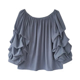 Fongt New Korean Version Of Temperament Word-Collar Shoulder Chiffon Shirt Women Loose Bubble Tops Thin Solid Color Bottom Shirt