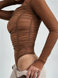 Sexy Women Long Sleeve Ruched Bodysuits Solid Mesh See-Through High Neck Slim Rompers Spring Fall Jumpsuits Clubwear-Outfit